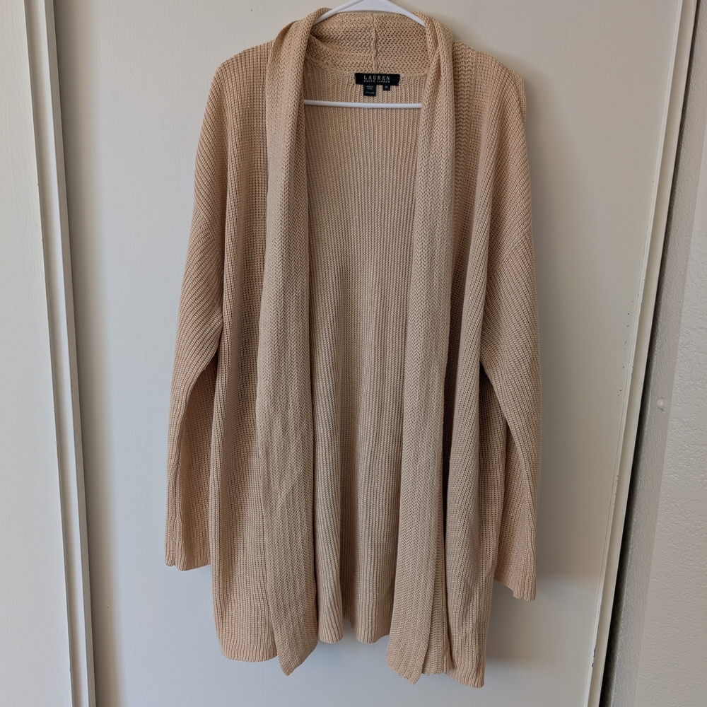 Lauren Ralph Lauren Womens 3X Open Cardigan 100% Linen Beige Classic Neutral